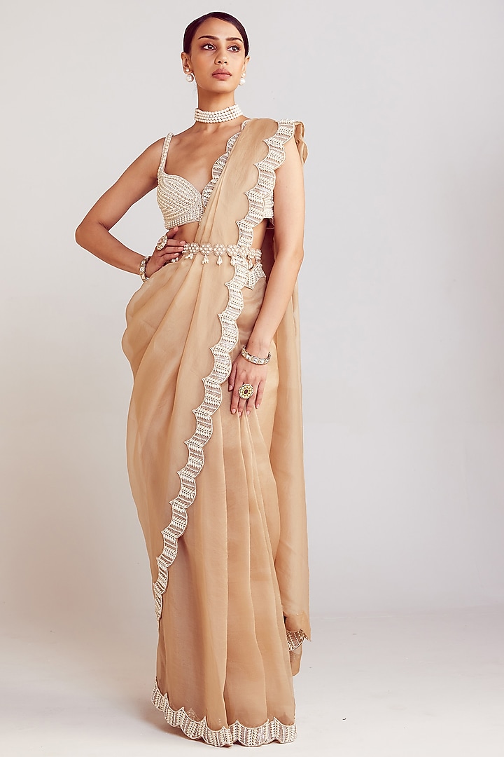 Beige Organza Embellished Wedding Saree Set by Vvani By Vani Vats at Pernia's Pop Up Shop