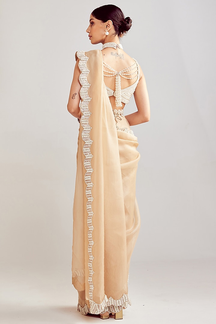 Beige Organza Embellished Wedding Saree Set by Vvani By Vani Vats at Pernia's Pop Up Shop
