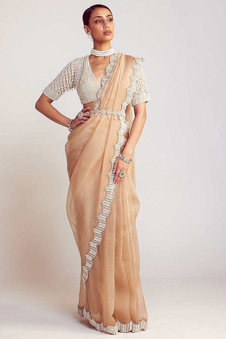 Beige Organza Embellished Wedding Saree Set by Vvani By Vani Vats at Pernia's Pop Up Shop