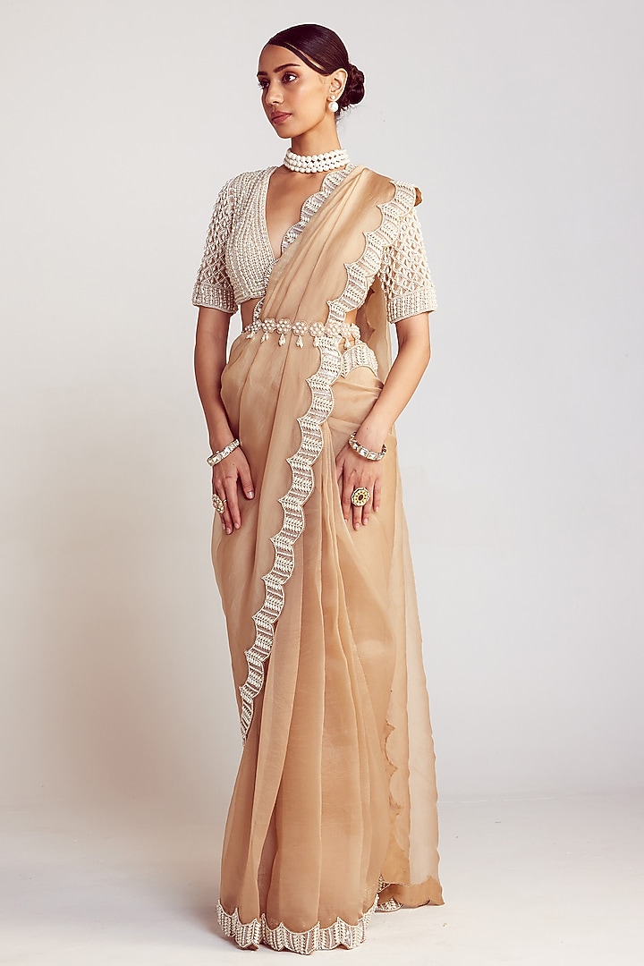 Beige Organza Embellished Wedding Saree Set by Vvani By Vani Vats at Pernia's Pop Up Shop