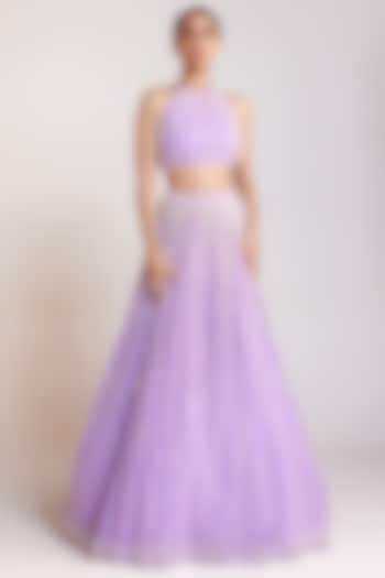 Lilac Georgette Pearl Embellished Wedding Lehenga Set by Vvani By Vani Vats at Pernia's Pop Up Shop