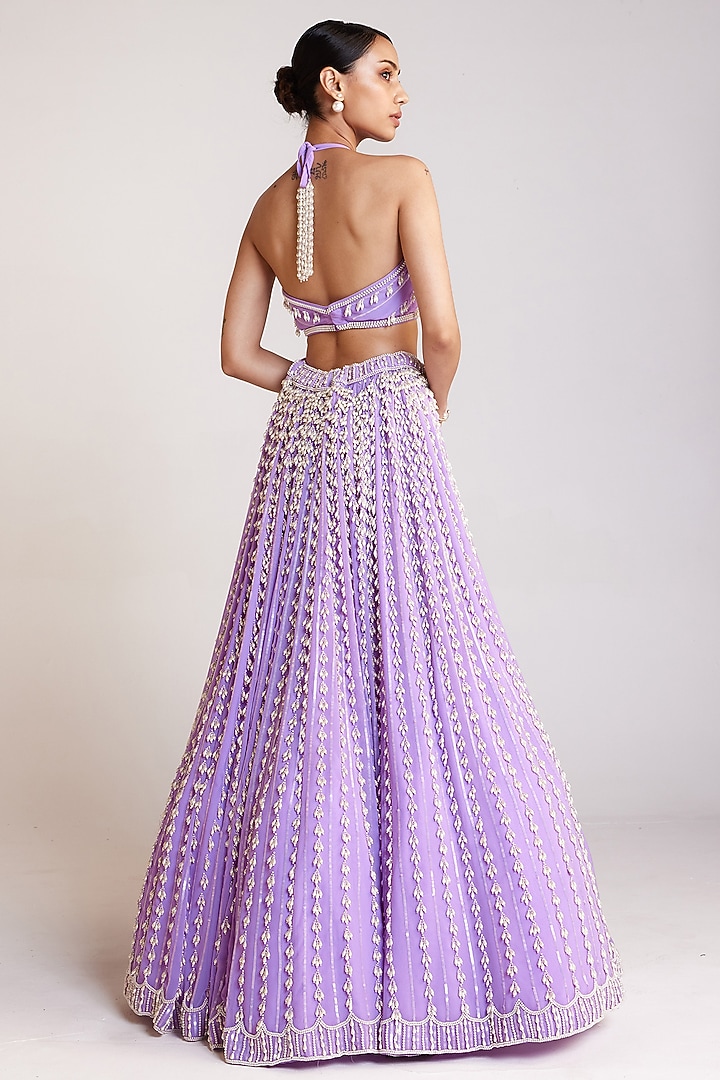 Lilac Georgette Pearl Embellished Wedding Lehenga Set by Vvani By Vani Vats at Pernia's Pop Up Shop