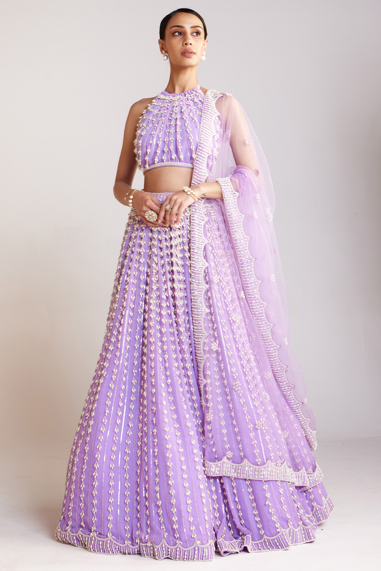 Lilac Georgette Pearl Embellished Bridal lehenga for 22 Lehenga Set by Vvani By Vani Vats at Pernia's Pop Up Shop