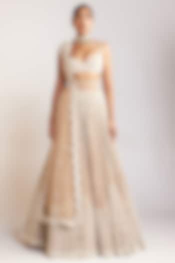 Beige Georgette Pearl Embellished Bridal Lehenga Set by Vvani By Vani Vats at Pernia's Pop Up Shop