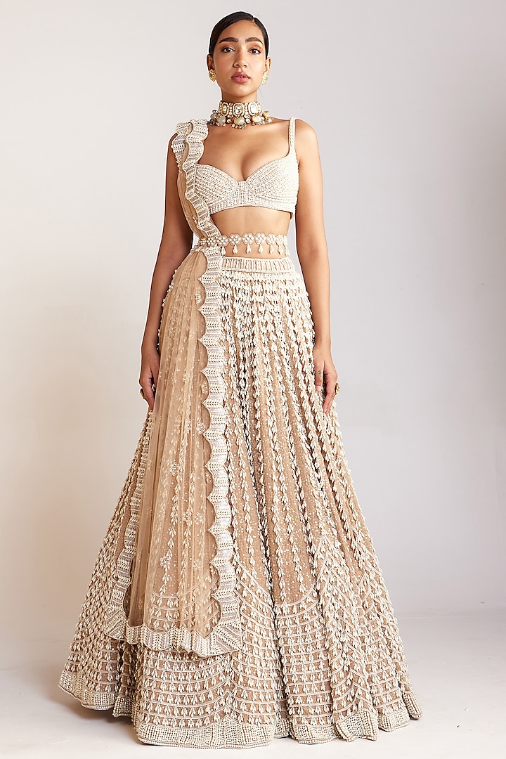 Beige Georgette Pearl Embellished Bridal Lehenga Set by Vvani By Vani Vats at Pernia's Pop Up Shop