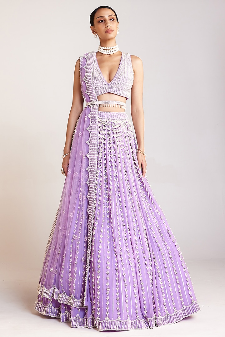 Lilac Georgette Pearl Embellished Lehenga Set by Vvani By Vani Vats
