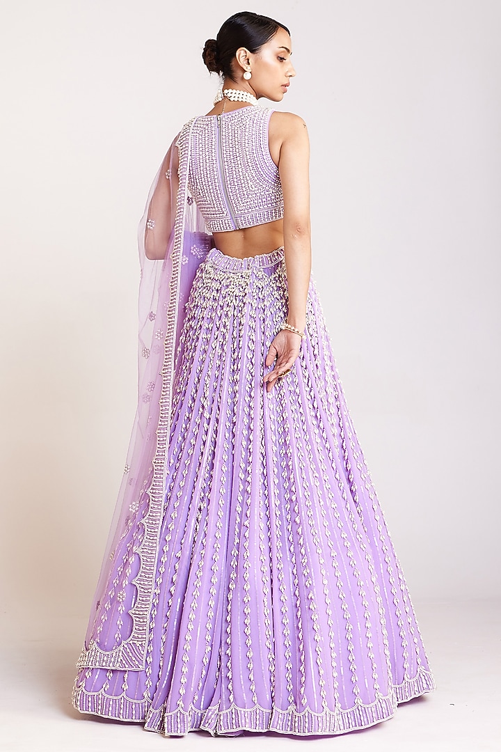 Lilac Georgette Pearl Embellished Bridal Lehenga Set by Vvani By Vani Vats at Pernia's Pop Up Shop