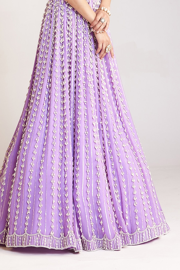 Lilac Georgette Pearl Embellished Bridal Lehenga Set by Vvani By Vani Vats at Pernia's Pop Up Shop