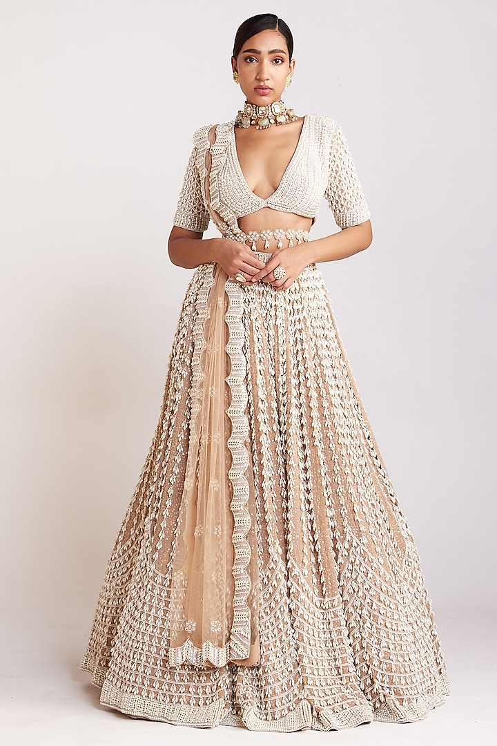 Beige Georgette Pearl Embellished Bridal lehenga for 22 Lehenga Set by Vvani By Vani Vats at Pernia's Pop Up Shop