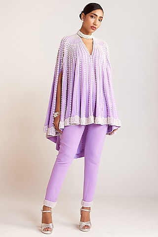 Lilac Georgette Embellished Asymmetric Cape Set by Vvani By Vani Vats
