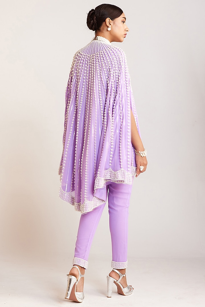 Lilac Georgette Embellished Asymmetric Cape Set by Vvani By Vani Vats at Pernia's Pop Up Shop