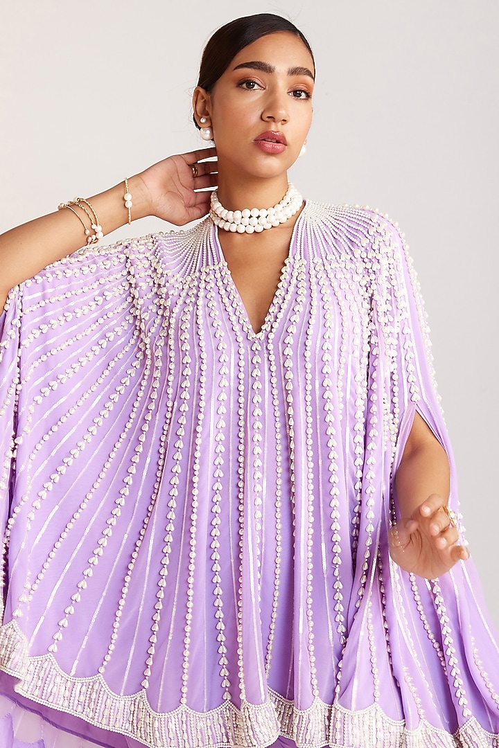 Lilac Georgette Embellished Asymmetric Cape Set by Vvani By Vani Vats at Pernia's Pop Up Shop