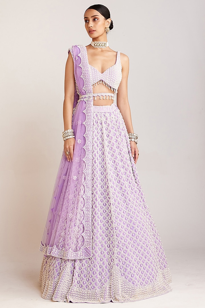 Lilac Georgette Pearl Embellished Lehenga Set by Vvani By Vani Vats