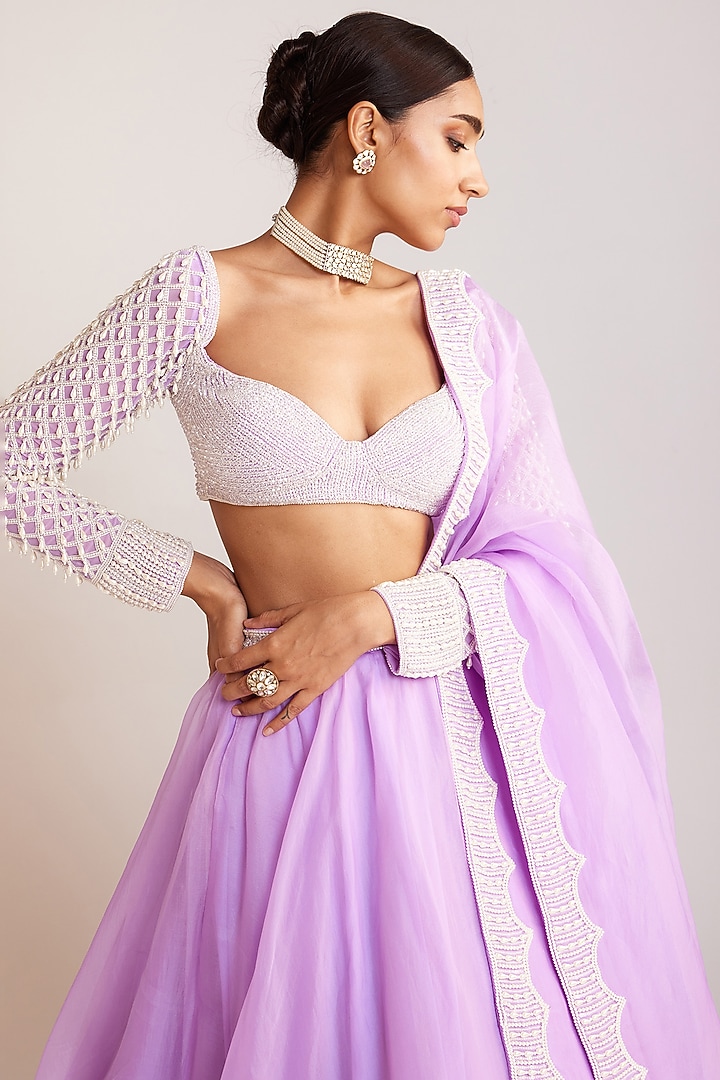 Lilac Organza Pearl Embellished Wedding Lehenga Set by Vvani By Vani Vats at Pernia's Pop Up Shop