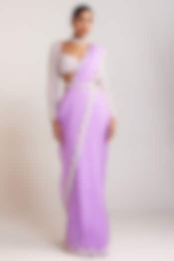 Lilac Organza Pearl Embellished Wedding Saree Set by Vvani By Vani Vats at Pernia's Pop Up Shop