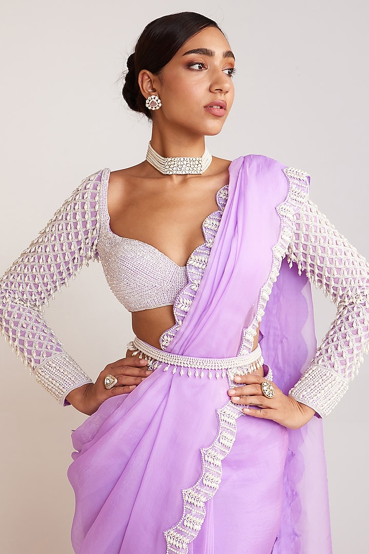 Lilac Organza Pearl Embellished Wedding Saree Set by Vvani By Vani Vats at Pernia's Pop Up Shop