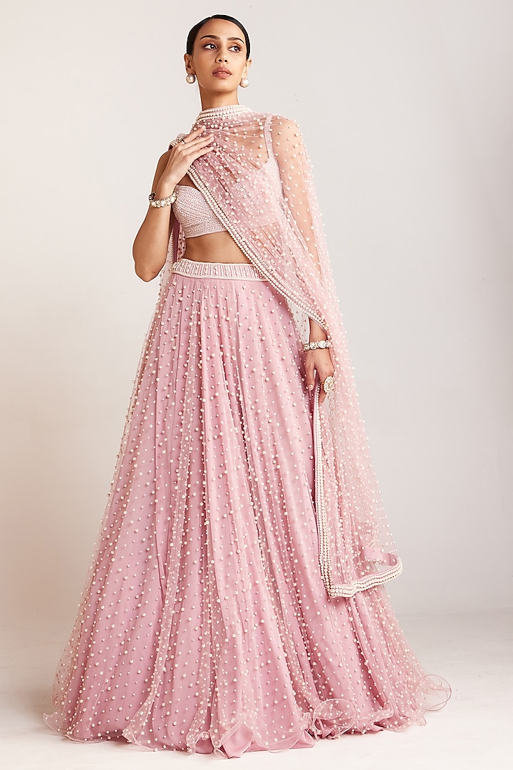 Powder Pink Pearl Embellished Wedding Lehenga Set by Vvani By Vani Vats at Pernia's Pop Up Shop