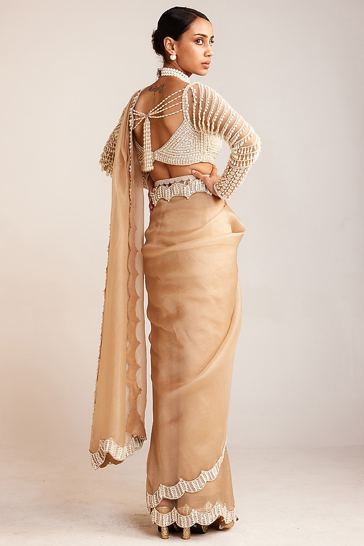 Beige Organza Embellished Wedding Saree Set by Vvani By Vani Vats at Pernia's Pop Up Shop