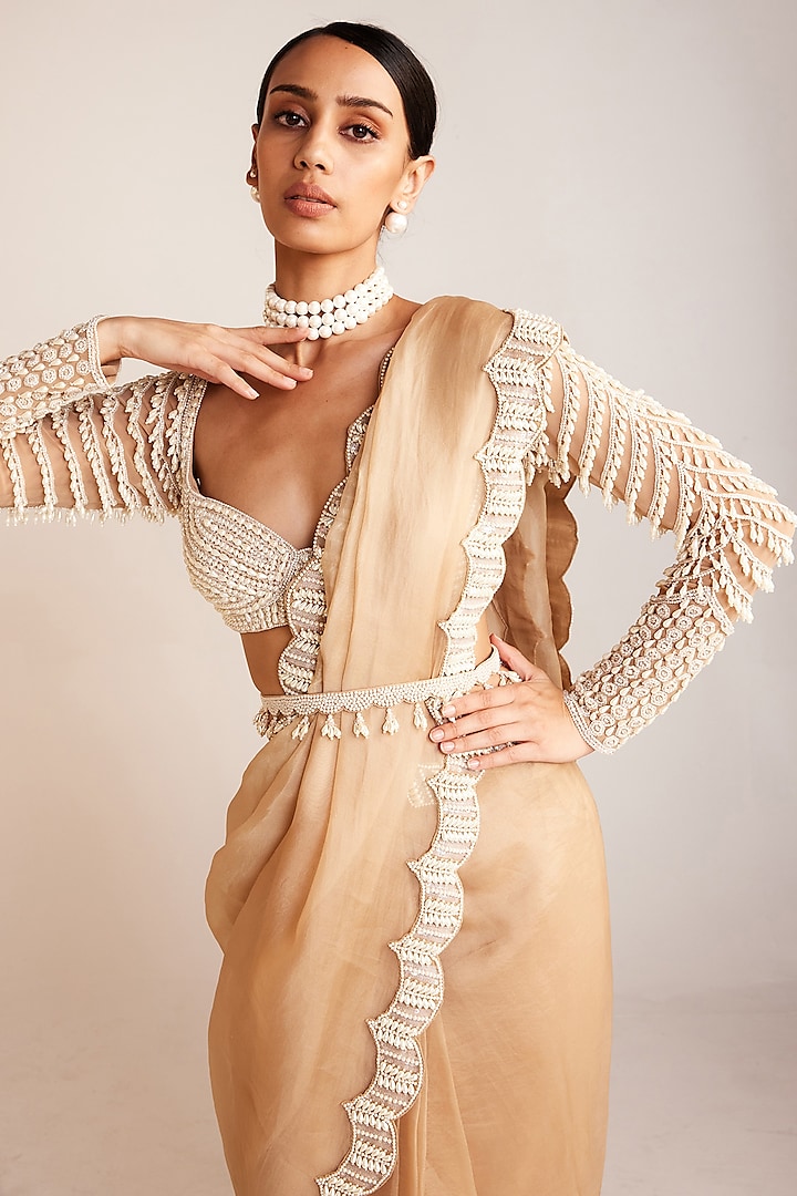 Beige Organza Embellished Wedding Saree Set by Vvani By Vani Vats at Pernia's Pop Up Shop