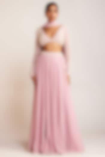 Powder Pink Georgette Pearl Embellished Lehenga Pant Set by Vvani By Vani Vats at Pernia's Pop Up Shop