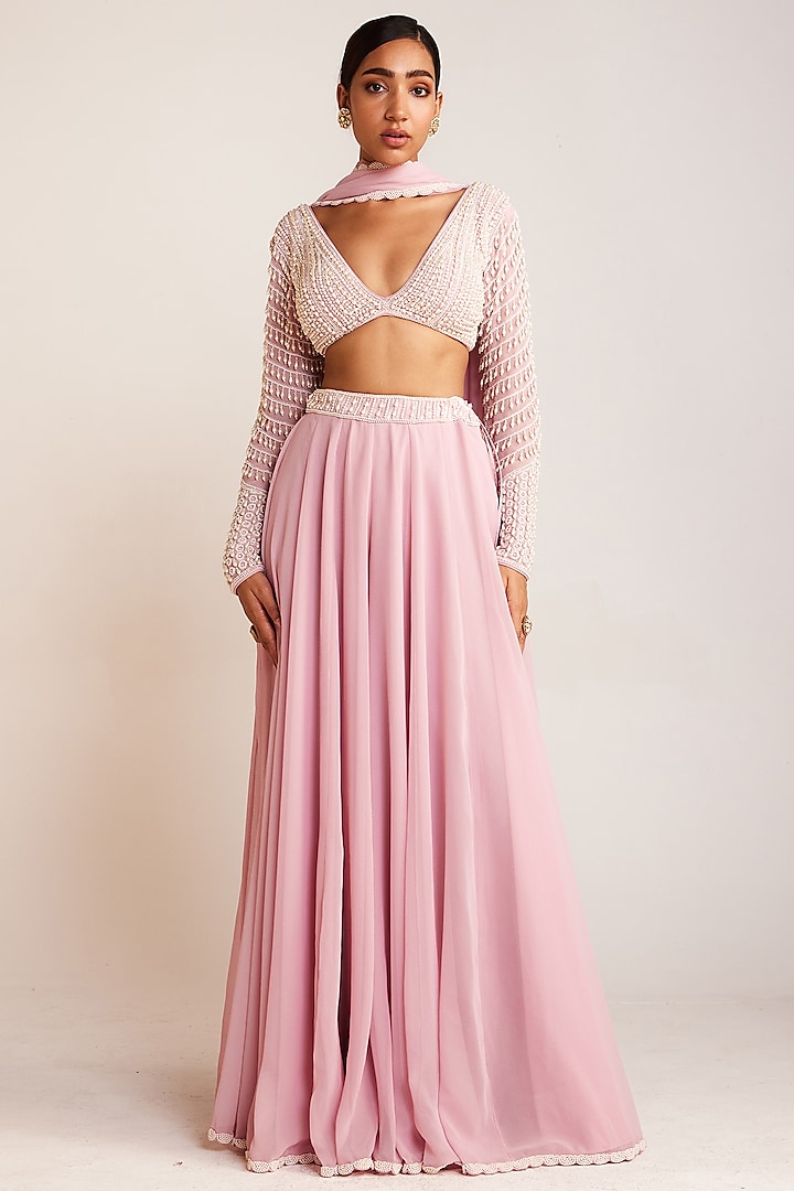 Powder Pink Georgette Pearl Embellished Lehenga Pant Set by Vvani By Vani Vats at Pernia's Pop Up Shop