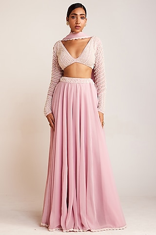 Powder Pink Georgette Pearl Embellished  Lehenga Pant Set by Vvani By Vani Vats