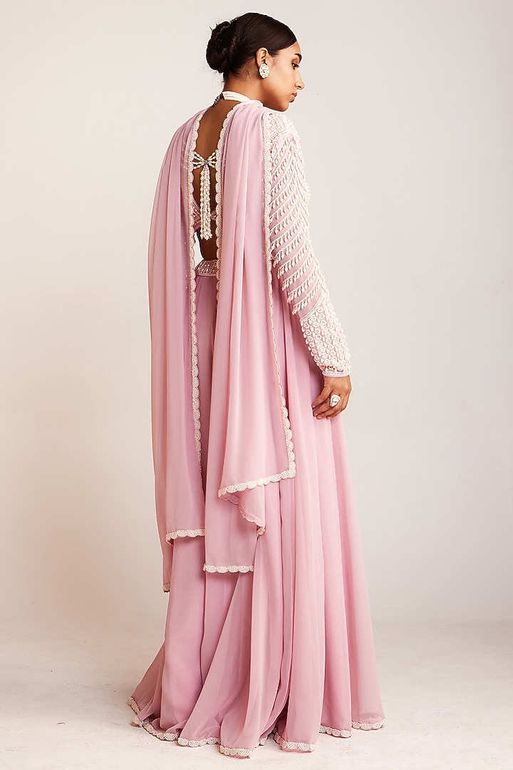 Powder Pink Georgette Pearl Embellished Lehenga Pant Set by Vvani By Vani Vats at Pernia's Pop Up Shop