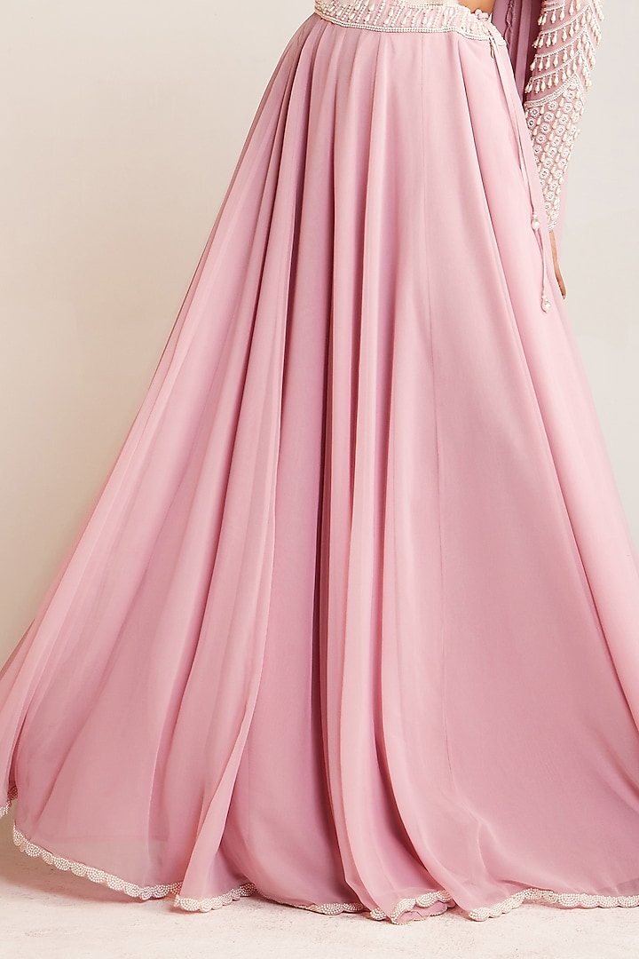Powder Pink Georgette Pearl Embellished Lehenga Pant Set by Vvani By Vani Vats at Pernia's Pop Up Shop