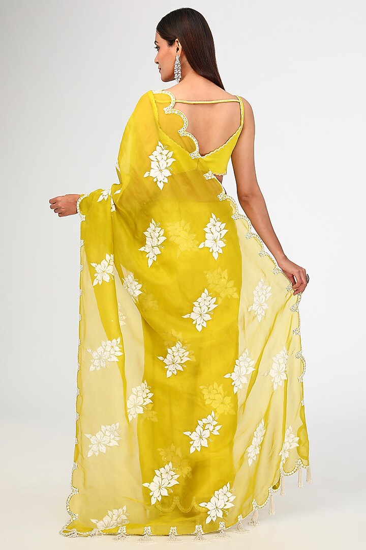 Moss Green Organza Applique Hand Embroidered Wedding Saree by Vvani by Vani Vats at Pernia's Pop Up Shop