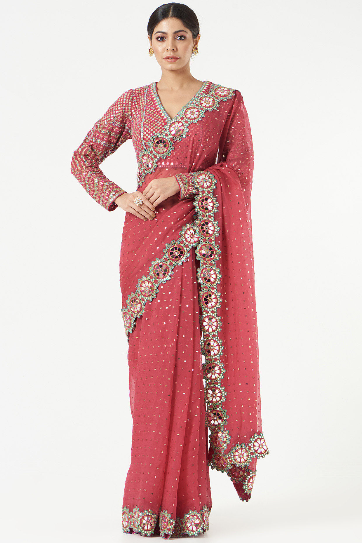 Deep Coral Organza Hand-Cut Mirror Embellished Wedding Saree Set by Vvani by Vani Vats at Pernia's Pop Up Shop