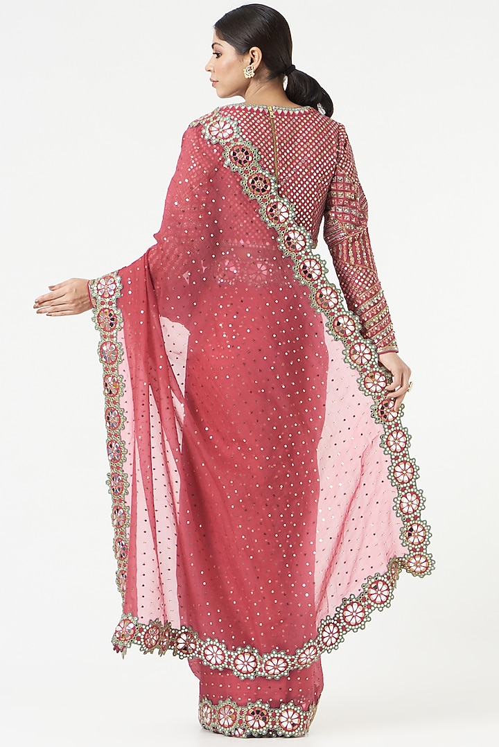 Deep Coral Organza Hand-Cut Mirror Embellished Wedding Saree Set by Vvani by Vani Vats at Pernia's Pop Up Shop