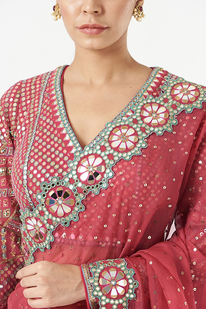 Deep Coral Organza Hand-Cut Mirror Embellished Wedding Saree Set by Vvani by Vani Vats at Pernia's Pop Up Shop