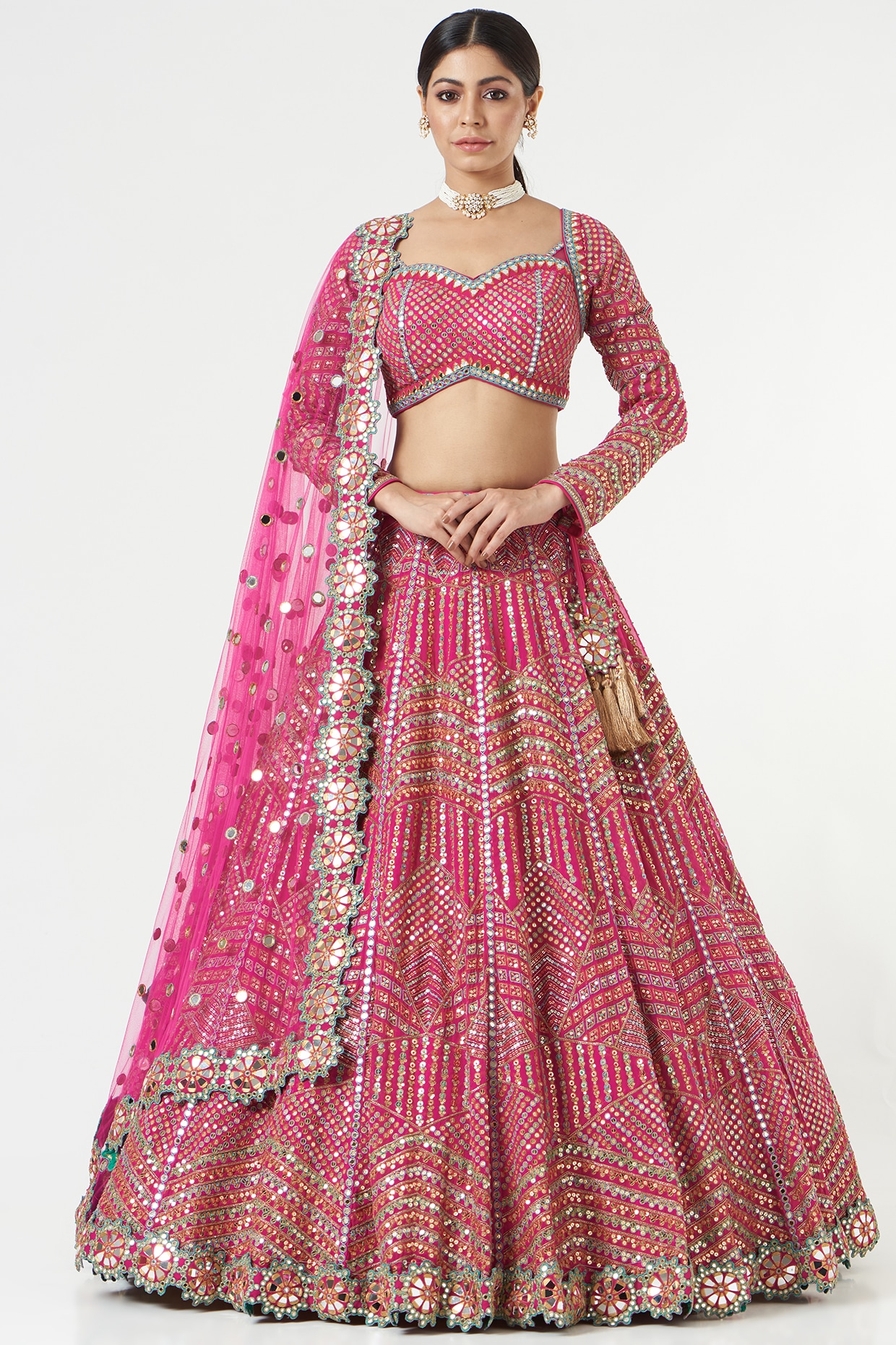 Vvani by Vani Vats Fuchsia Georgette Geometric Embellished Lehenga Set