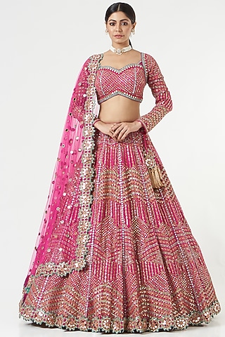 Fuchsia Georgette Geometric Embellished Lehenga Set by Vvani by Vani Vats