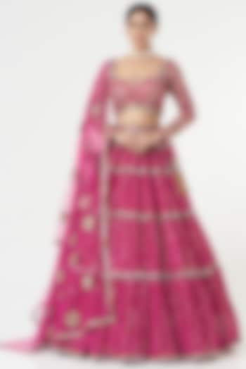 Fuchsia Georgette Embellished Tiered Wedding Lehenga Set by Vvani by Vani Vats at Pernia's Pop Up Shop