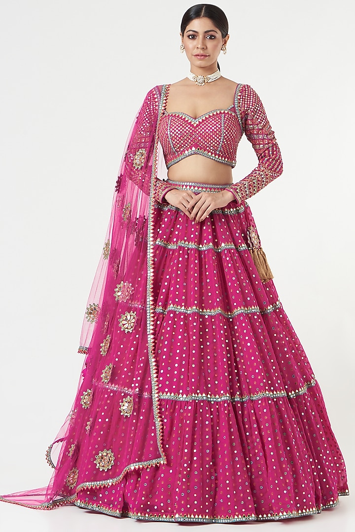 Fuchsia Georgette Embellished Tiered Wedding Lehenga Set by Vvani by Vani Vats at Pernia's Pop Up Shop