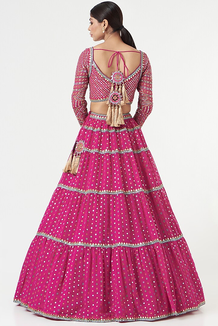 Fuchsia Georgette Embellished Tiered Wedding Lehenga Set by Vvani by Vani Vats at Pernia's Pop Up Shop
