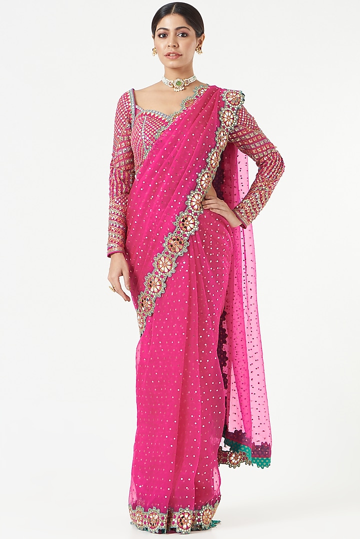 Fuchsia Embellished Saree Set by Vvani by Vani Vats