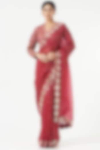 Crimson Red Embellished Wedding Saree Set by Vvani by Vani Vats at Pernia's Pop Up Shop