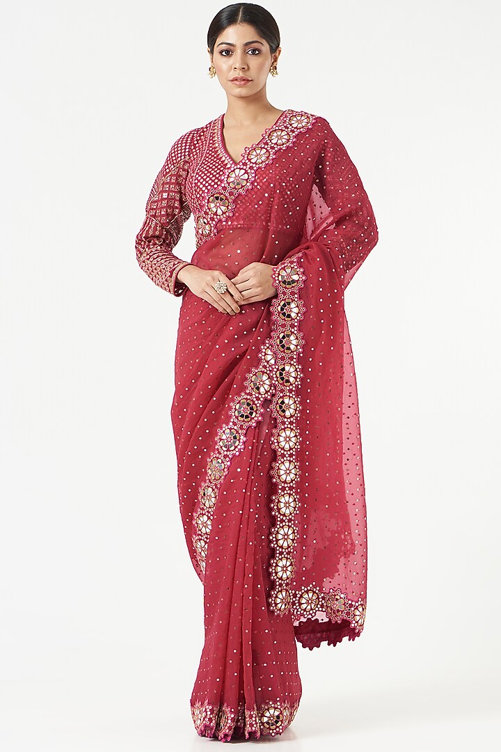 Crimson Red Embellished Wedding Saree Set by Vvani by Vani Vats at Pernia's Pop Up Shop