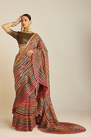 Multi-Colored Georgette Pre-Draped Saree Set by Vvani by Vani Vats