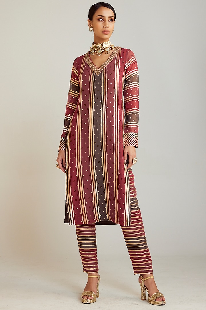 Multi-Colored Georgette Hand Embroidered Kurta Set by Vvani by Vani Vats at Pernia's Pop Up Shop