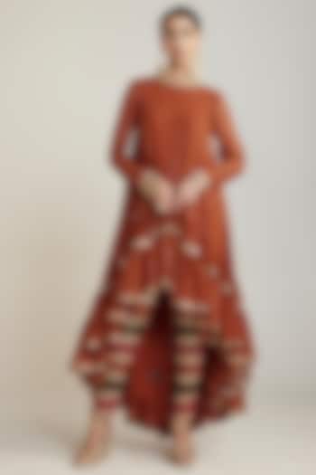 Rust Georgette Asymmetrical Kurta Set by Vvani by Vani Vats at Pernia's Pop Up Shop