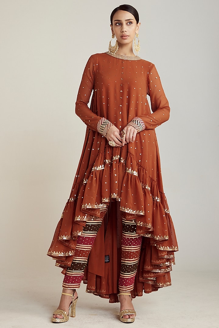 Rust Georgette Asymmetrical Kurta Set by Vvani by Vani Vats at Pernia's Pop Up Shop