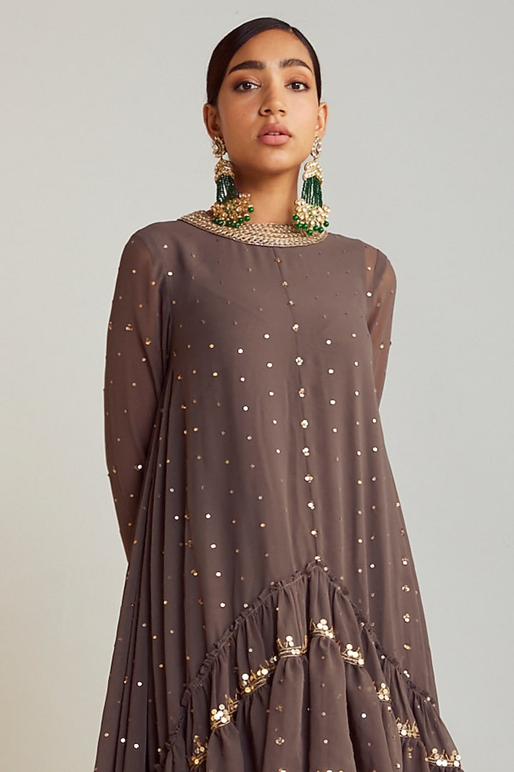Charcoal Grey Georgette Asymmetrical Kurta Set by Vvani by Vani Vats at Pernia's Pop Up Shop