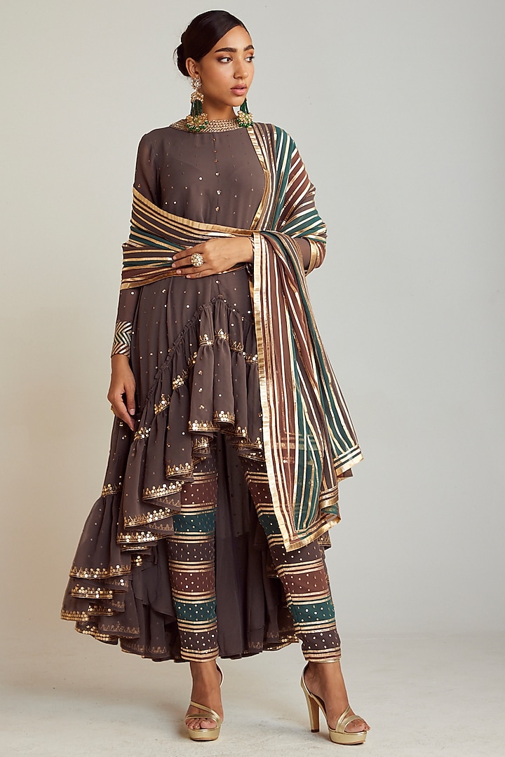 Charcoal Grey Georgette Asymmetrical Kurta Set by Vvani by Vani Vats at Pernia's Pop Up Shop