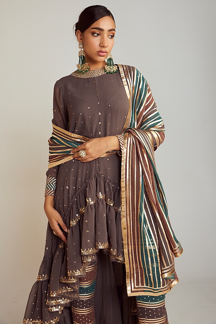 Charcoal Grey Georgette Asymmetrical Kurta Set by Vvani by Vani Vats at Pernia's Pop Up Shop