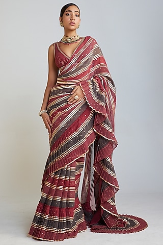Multi-Colored Georgette Pre-Draped Saree Set by Vvani by Vani Vats