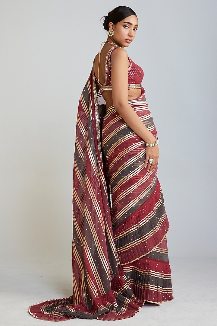 Multi-Colored Georgette Pre-Draped Wedding Saree Set by Vvani by Vani Vats at Pernia's Pop Up Shop