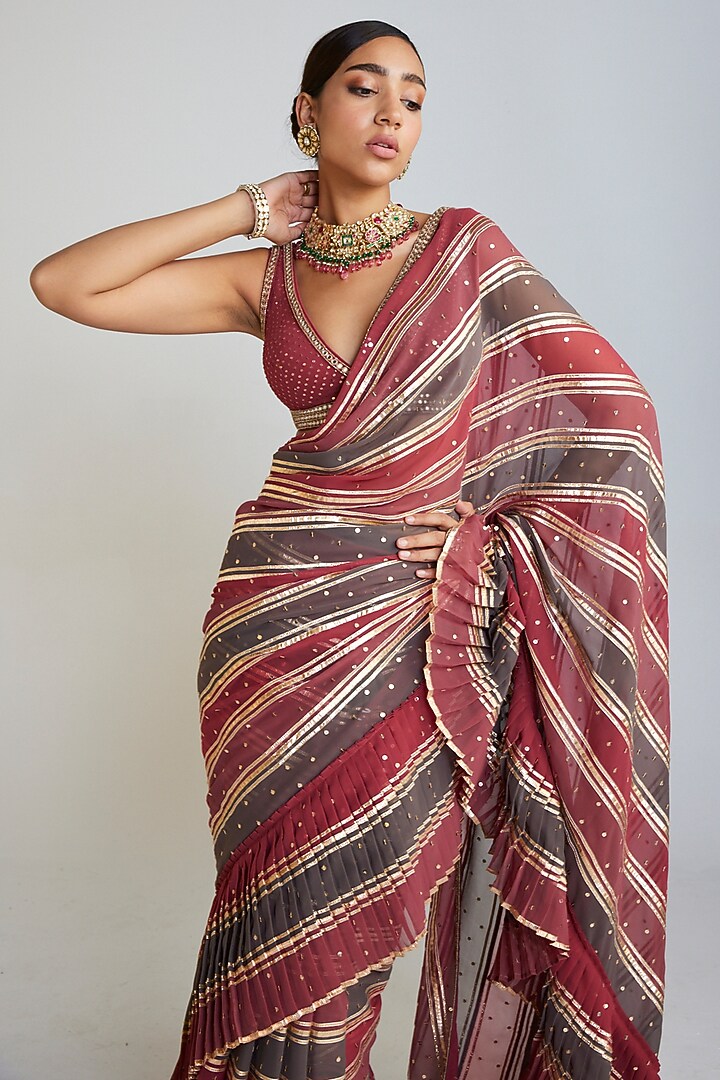Multi-Colored Georgette Pre-Draped Wedding Saree Set by Vvani by Vani Vats at Pernia's Pop Up Shop
